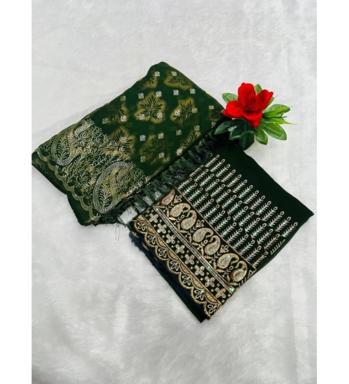 Women's Embroidered Georgette Saree With Unstitched Blouse (Dark Green, 5-6 Mtrs)