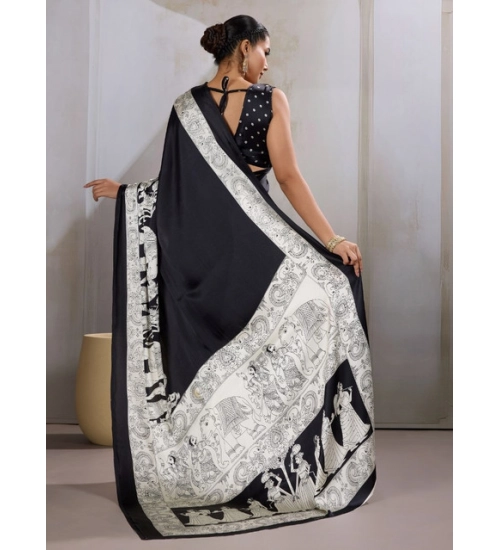 Women's Satin Crepe Printed Saree With Unstitched Blouse 5.5Mtr (Black)