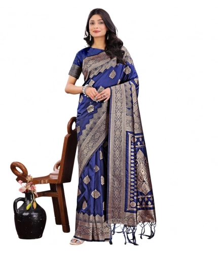 Women's Silk Printed Saree With Unstitched Blouse 5.5Mtr (Navy Blue)