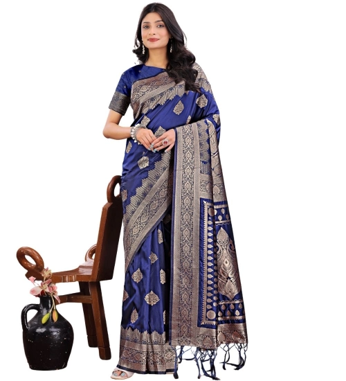 Women's Silk Printed Saree With Unstitched Blouse 5.5Mtr (Navy Blue)