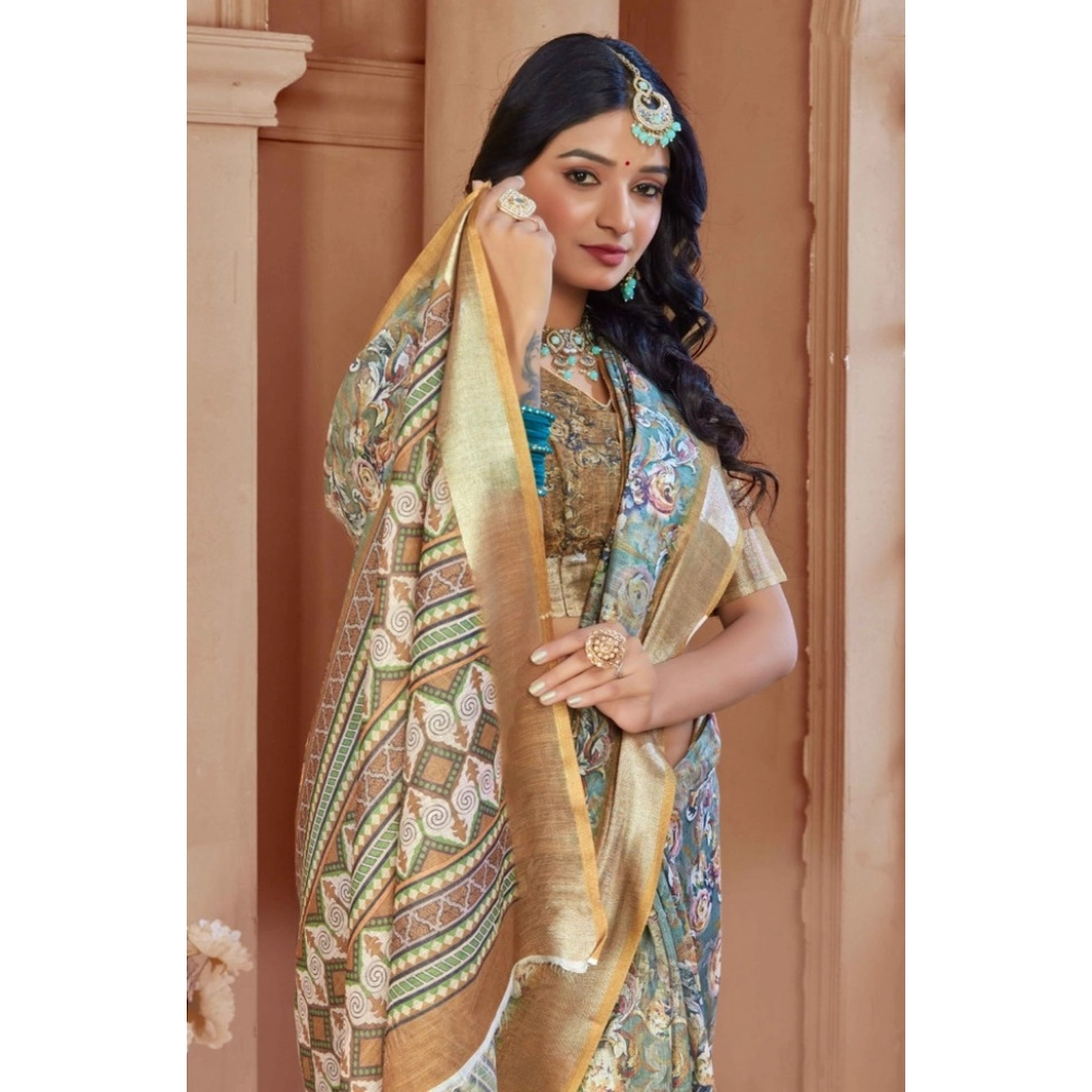 Women's Printed Cotton Linen Saree withPrinted Saree With Unstitched Blouse (Green, 5-6Mtrs) Women's Printed Cotton Linen Saree withPrinted Saree With Unstitched Blouse (Green, 5-6Mtrs)