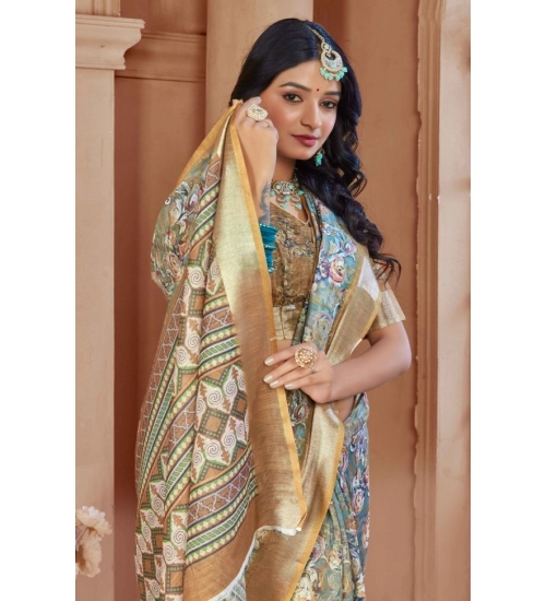 Women's Printed Cotton Linen Saree withPrinted  Saree With Unstitched Blouse (Green, 5-6Mtrs)