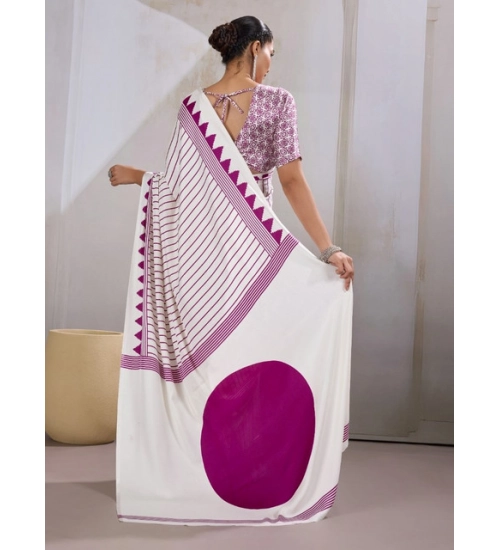 Women's Satin Crepe Printed Saree With Unstitched Blouse 5.5Mtr (White)