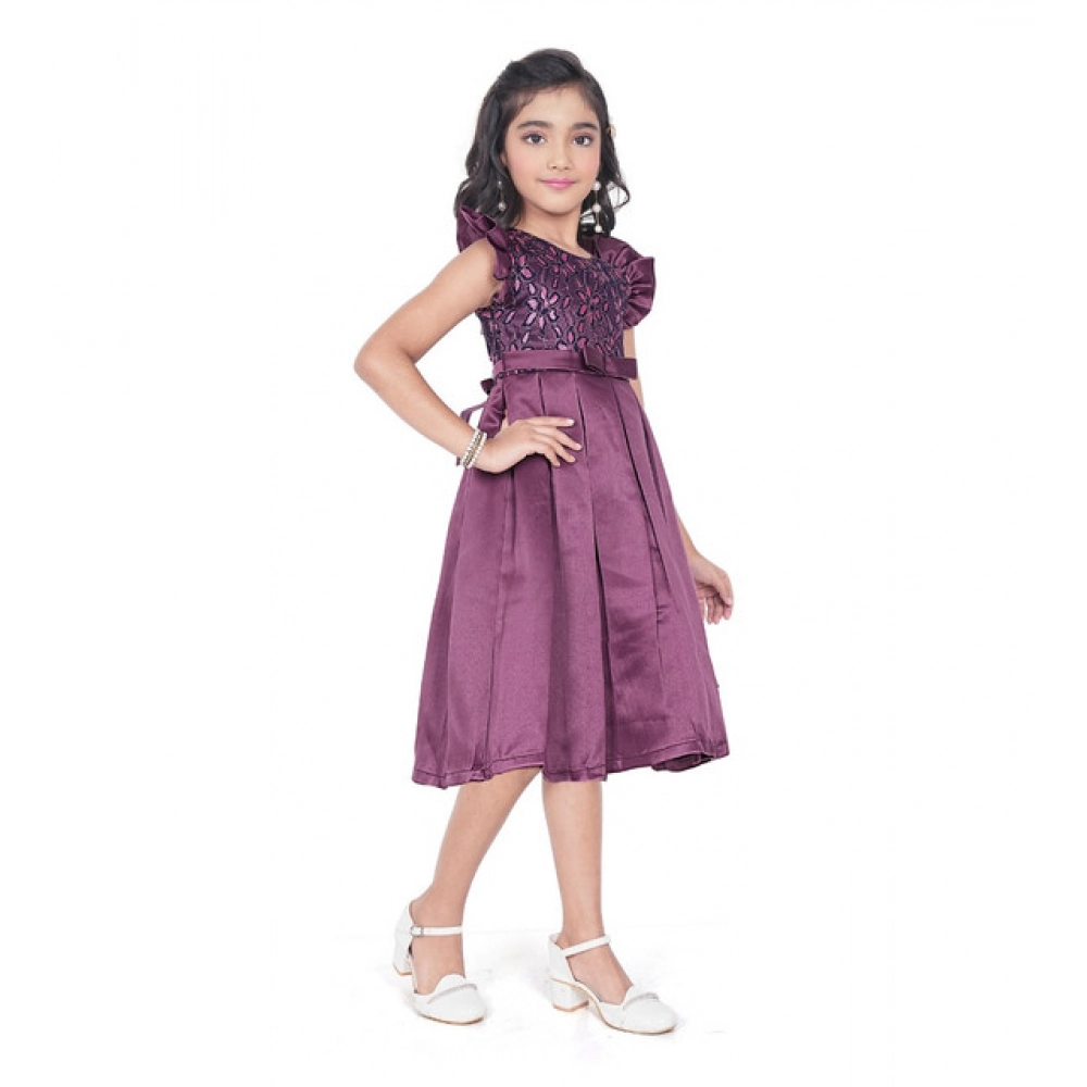 Girl's Satin Printed Sleeve Less Round Neck Dress (Purple)
