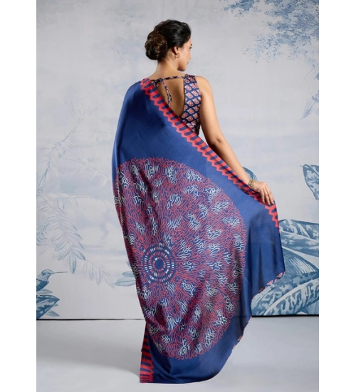 Women's Satin Crepe Printed Saree With Unstitched Blouse 5.5Mtr (Blue)