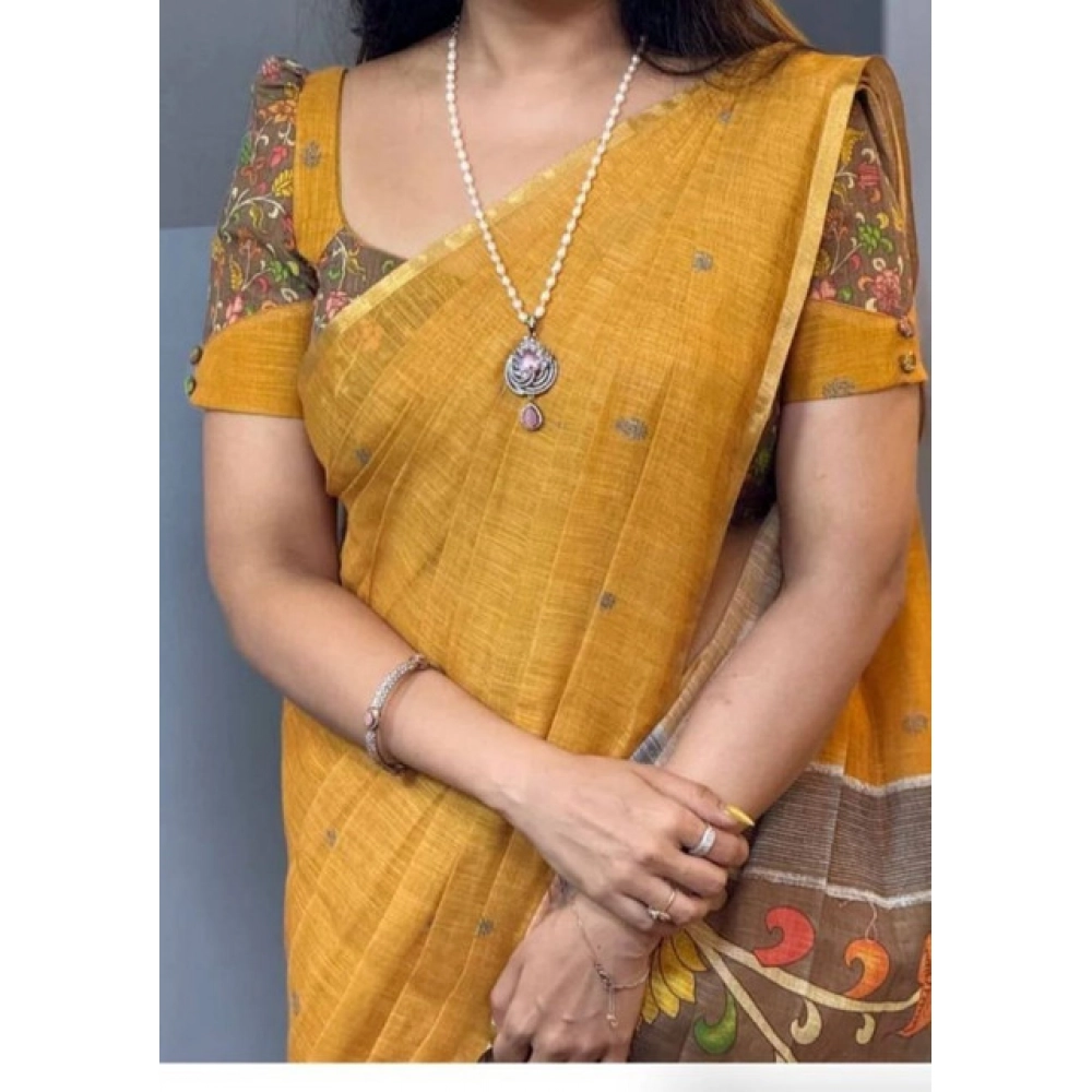 Women's Linen Printed Saree With Unstitched Blouse 5.5Mtr (Mustard) Women's Linen Printed Saree With Unstitched Blouse 5.5Mtr (Mustard)