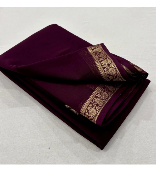 Women's Crepe Chit Pallu Solid Saree With Unstitched Blouse 5.5Mtr (Dark Wine)