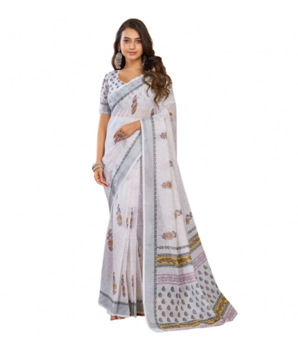 Women's Faux Linen Floral Print Ready to wear Saree With Unstitched Blouse 5.5Mtr (Off_White) Women's Faux Linen Floral Print Ready to wear Saree With Unstitched Blouse 5.5Mtr (Off_White)