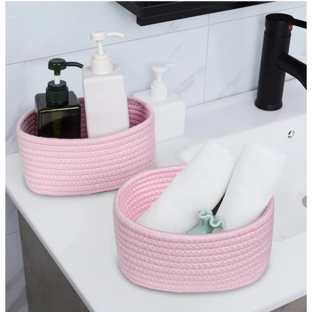 Cotton 8x3 Inch Round 2 Set Bedside Organizer (Pink)