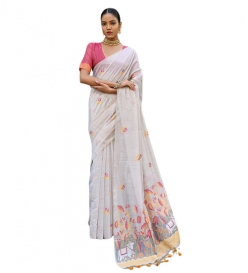Women's Blended_Cotton Floral Weaving Pattern Saree With Unstitched Blouse 5.5Mtr (Yellow)