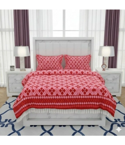 Fleece Geometric Double Polar Warm Bedsheet with 2 Pillow Cover (Red)