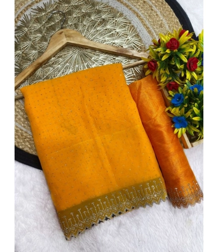 Women's Georgette Stone Work Saree With Unstitched Blouse 5.5Mtr (Yellow)
