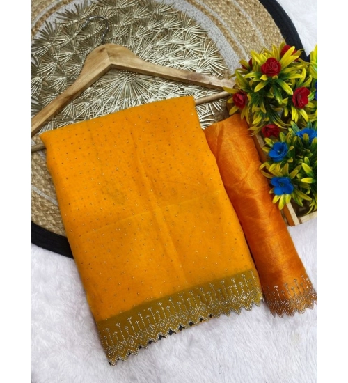 Women's Georgette Stone Work Saree With Unstitched Blouse 5.5Mtr (Yellow)