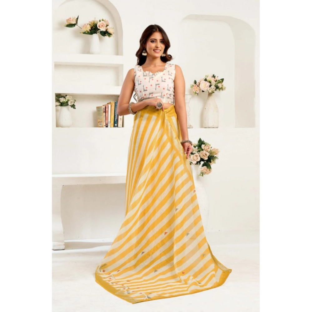 Women's Linen Cotton Printed Ready To Wear Saree With Unstitched Blouse 5.5 Mtr (Light_Mustard)