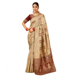 Women's Silk Blend Woven Zari Work Saree With Unstitched Blouse 5.5Mtr (Beige)