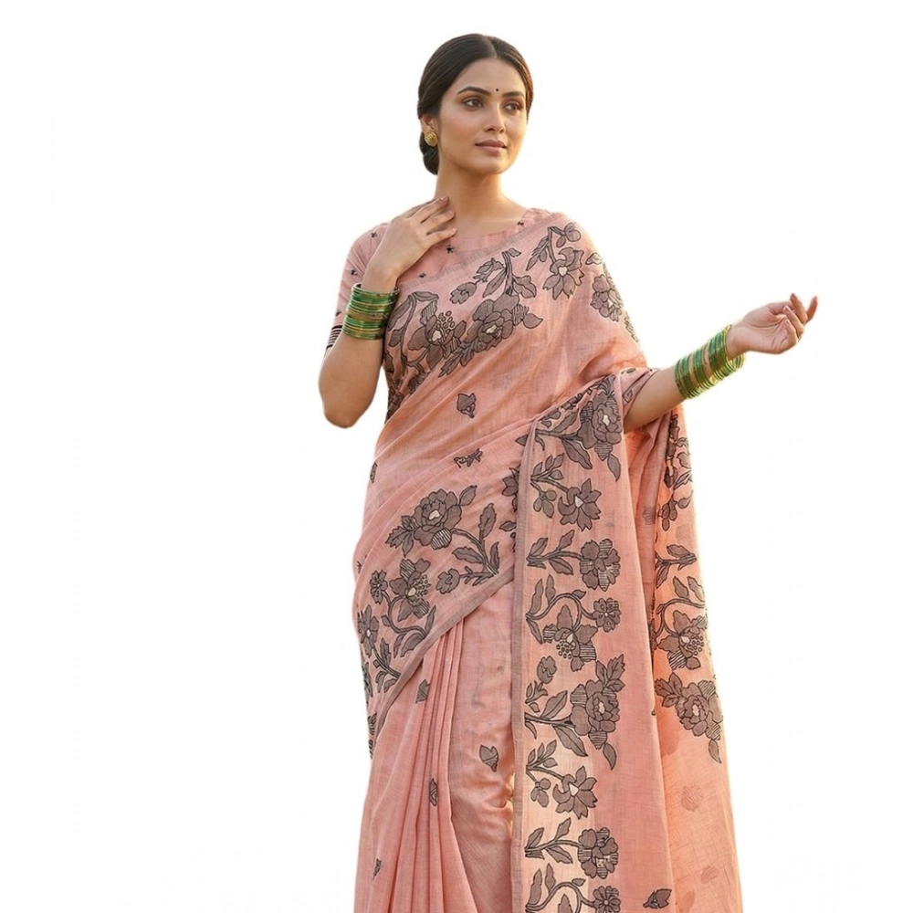 Women's Linen Cotton Printed Saree With Unstitched Blouse 5.5Mtr (Orange) Women's Linen Cotton Printed Saree With Unstitched Blouse 5.5Mtr (Orange)