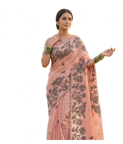 Women's Linen Cotton Printed Saree With Unstitched Blouse 5.5Mtr (Orange)