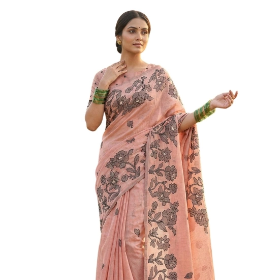 Women's Linen Cotton Printed Saree With Unstitched Blouse 5.5Mtr (Orange)