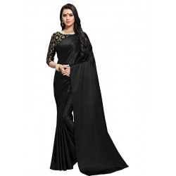 Women's Satin Solid Saree With Unstitched Blouse 5.5Mtr (Black)
