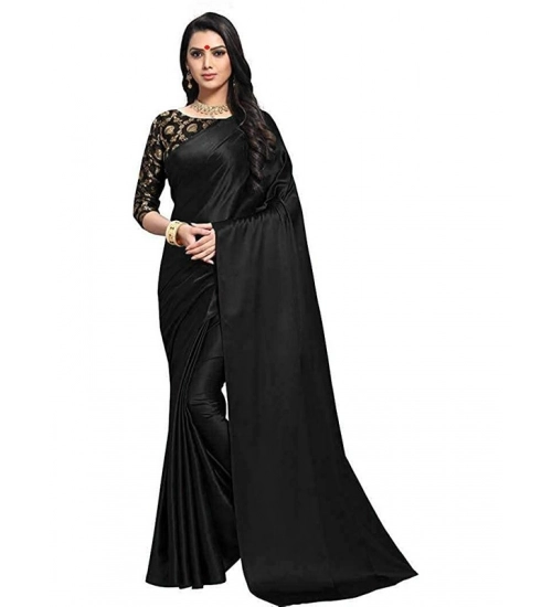 Women's Satin Solid Saree With Unstitched Blouse 5.5Mtr (Black)