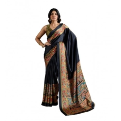 Women's Satin Crepe Printed Saree With Unstitched Blouse 5.5Mtr (Blue)