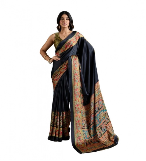 Women's Satin Crepe Printed Saree With Unstitched Blouse 5.5Mtr (Blue)