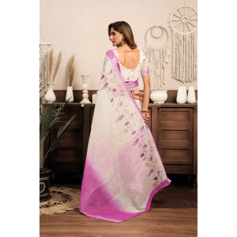 Women's Linen Cotton Printed Ready To Wear Saree With Unstitched Blouse 5.5 Mtr (Off_White)