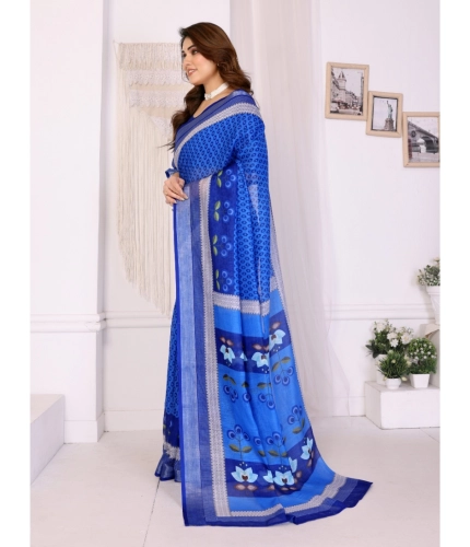 Women's Linen Cotton Printed Saree With Unstitched Blouse 5.5Mtr (Blue) Women's Linen Cotton Printed Saree With Unstitched Blouse 5.5Mtr (Blue)
