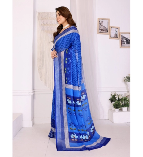 Women's Linen Cotton  Printed Saree With Unstitched Blouse 5.5Mtr (Blue)