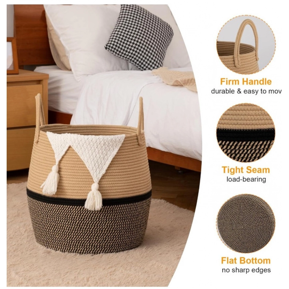 Cotton Matka With Handle 14x12 Inch Storage Basket For Clothes (Beige Black)