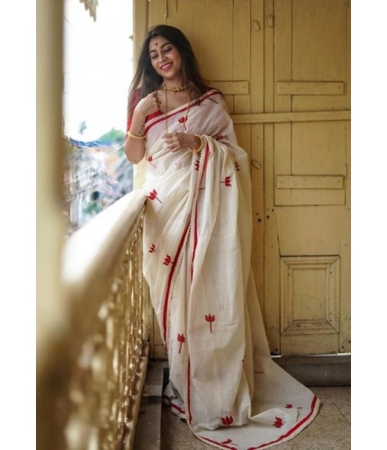 Women's Linen Printed Saree With Unstitched Blouse 5.5Mtr (White)