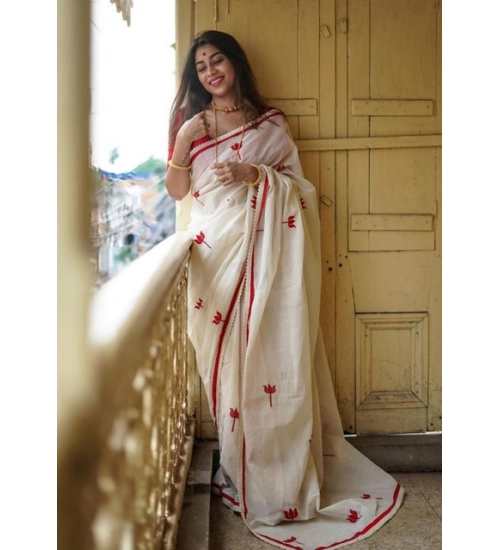 Women's Linen Printed Saree With Unstitched Blouse 5.5Mtr (White)