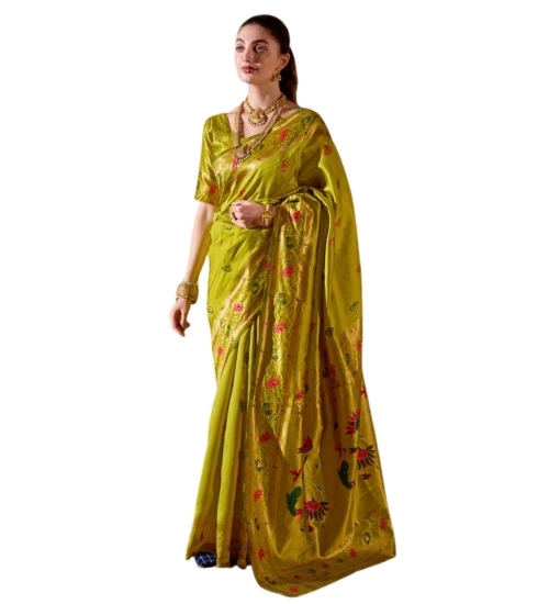 Women's Silk Blend Zari Woven Saree With Unstitched Blouse 5.5Mtr (Lime Green)