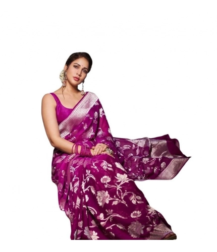 Women's Soft Lichi Silk Printed Saree With Unstitched Blouse 5.5Mtr (Purple)