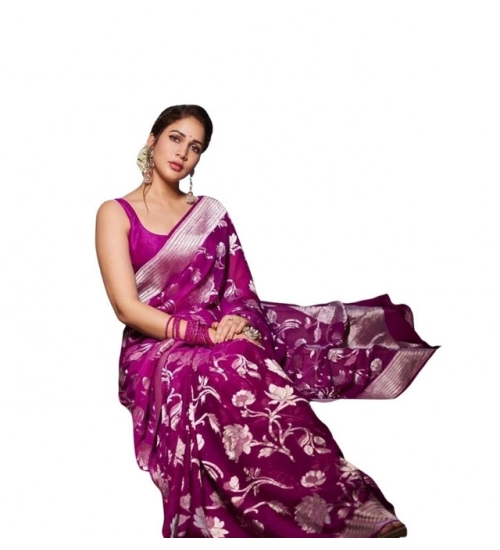Women's Soft Lichi Silk Printed Saree With Unstitched Blouse 5.5Mtr (Purple)
