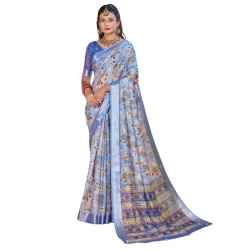 Women's Printed Cotton Linen Saree withPrinted  Saree With Unstitched Blouse (Blue, 5-6Mtrs)