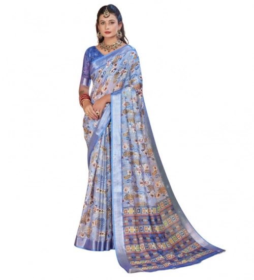 Women's Printed Cotton Linen Saree withPrinted  Saree With Unstitched Blouse (Blue, 5-6Mtrs)