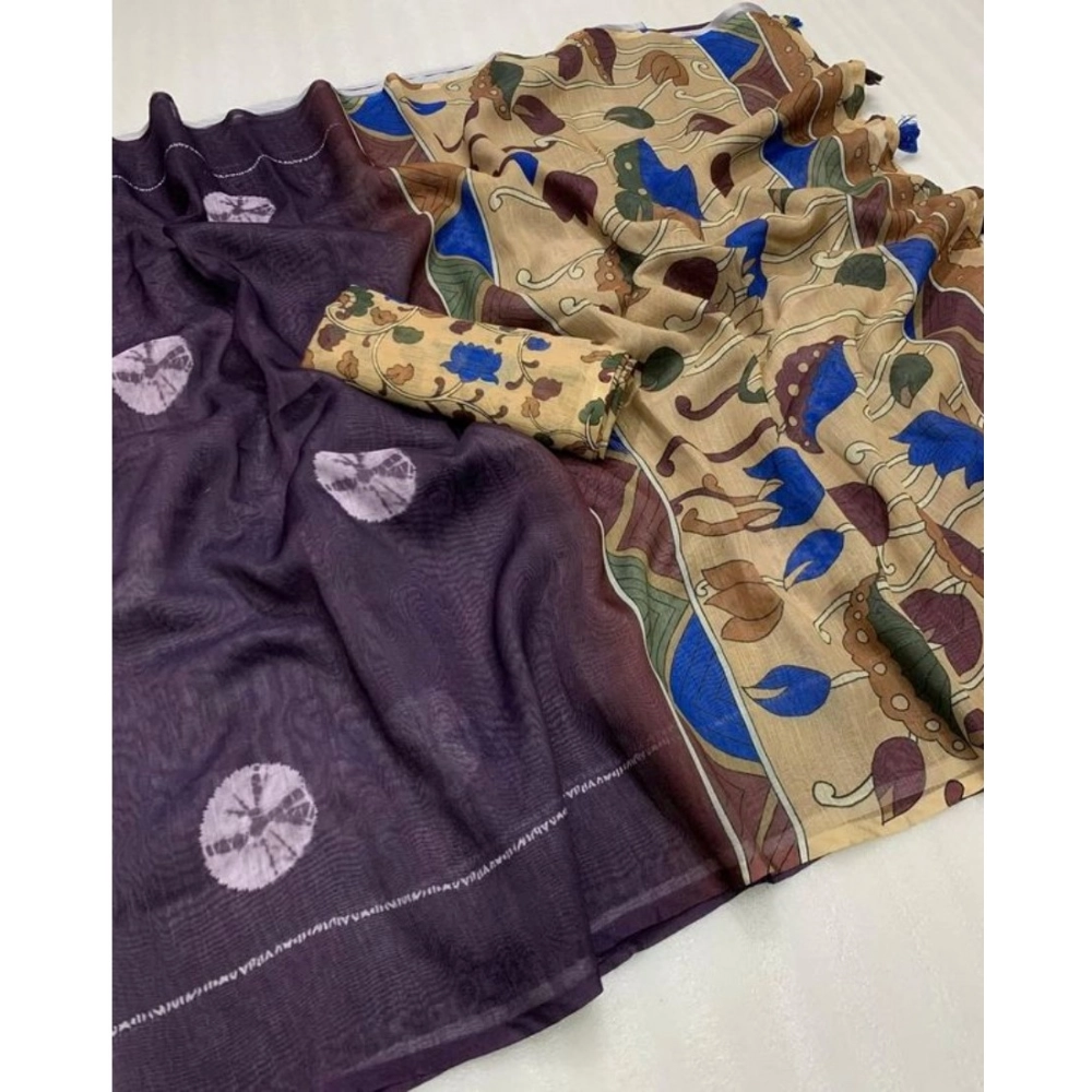 Women's Linen Printed Saree With Unstitched Blouse 5.5Mtr (Purple) Women's Linen Printed Saree With Unstitched Blouse 5.5Mtr (Purple)