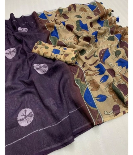 Women's Linen Printed Saree With Unstitched Blouse 5.5Mtr (Purple) Women's Linen Printed Saree With Unstitched Blouse 5.5Mtr (Purple)