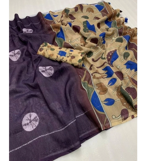 Women's Linen Printed Saree With Unstitched Blouse 5.5Mtr (Purple)