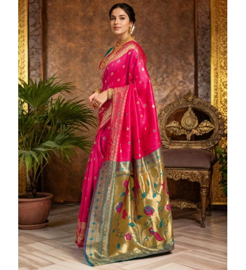 Women's Silk Blend Zari Weaving Saree With Unstitched Blouse 5.5Mtr (Pink)