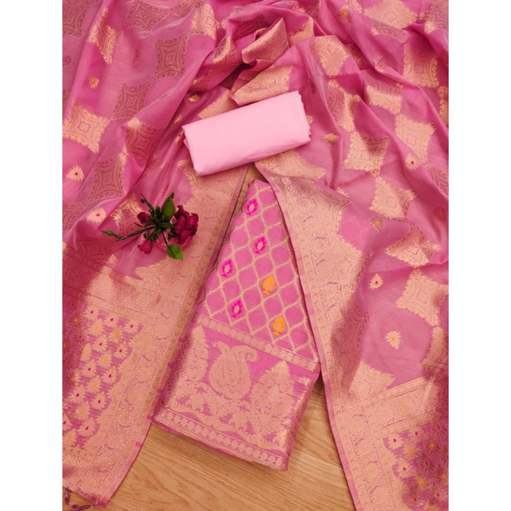 Women's Banarasi Silk Printed Unstitched Salwar Suit Material With Dupatta (Pink, 3Mtrs)