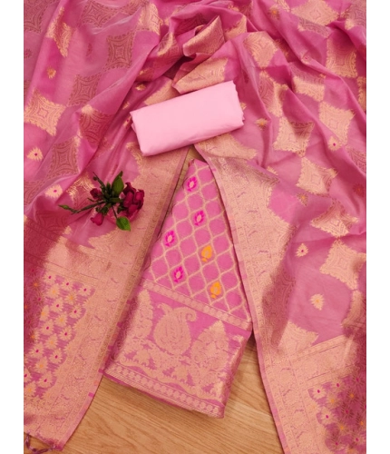 Women's Banarasi Silk Printed Unstitched Salwar Suit Material With Dupatta (Pink, 3Mtrs)