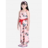 Girl's Polyester Crepe Floral Shoulder Straps Jumpsuit (Peach-Red)