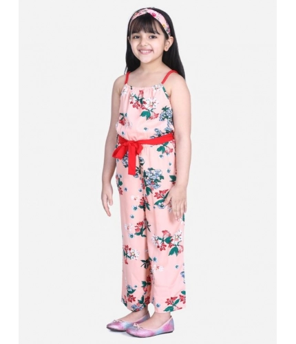 Girl's Polyester Crepe Floral Shoulder Straps Jumpsuit (Peach-Red)