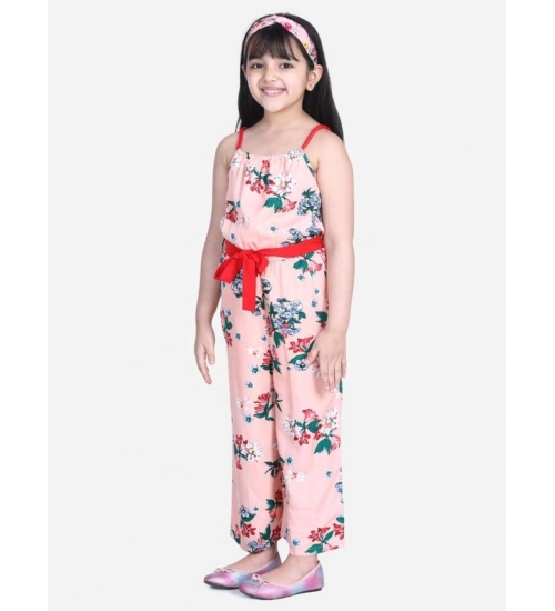 Girl's Polyester Crepe Floral Shoulder Straps Jumpsuit (Peach-Red)