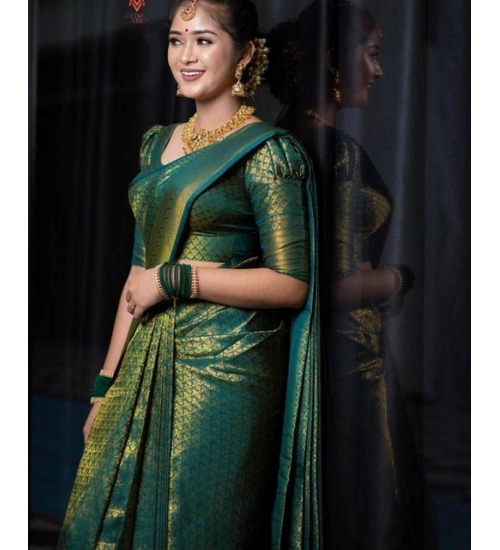 Women's Soft Lichi Silk Printed Saree With Unstitched Blouse 5.5Mtr (Green)