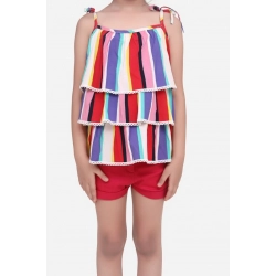 Girl's Polyester Crepe Striped Tie Ups Shorts Set (Multicolor)
