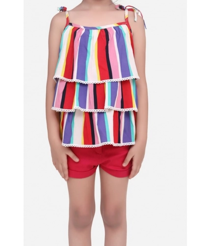 Girl's Polyester Crepe Striped Tie Ups Shorts Set (Multicolor)