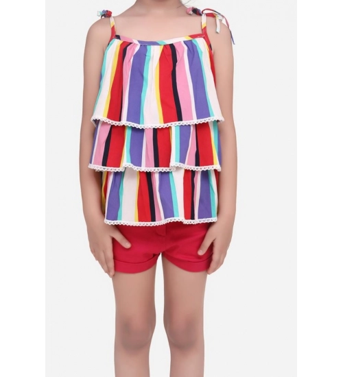 Girl's Polyester Crepe Striped Tie Ups Shorts Set (Multicolor)